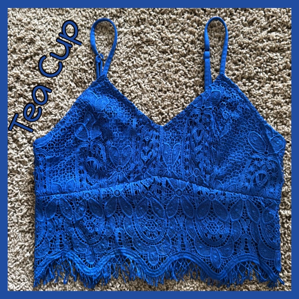 Tea & Cup - Cobalt Blue Lace Women’s Crop Top w/Spaghetti Straps & Zip Back